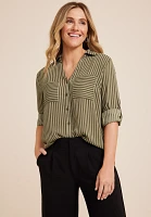 Winona Olive Striped Button Down Blouse