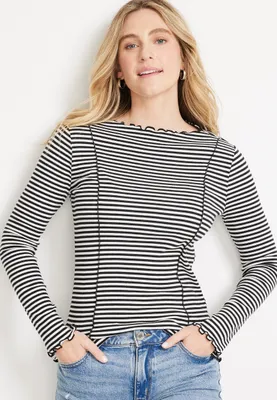 24/7 Striped Exposed Seam Boat Neck Top