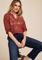 Atwood Floral Jacquard 3/4 Sleeve Popover Blouse