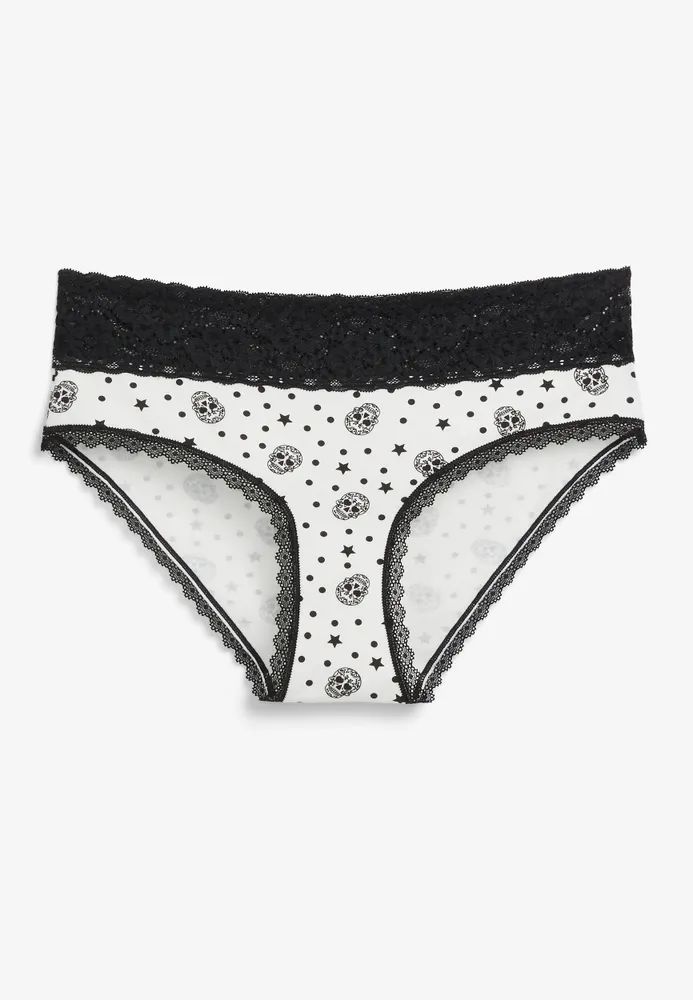 Maurices Simply Comfy Wide Lace Trim Skull Print Cotton Hipster Panty