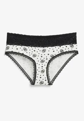 Simply Comfy Wide Lace Trim Skull Print Cotton Hipster Panty
