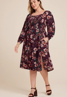 Plus Size Floral Smocked Midi Dress