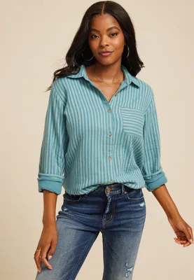 Teal Striped Double Cloth Button Down Shirt