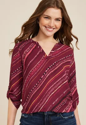Atwood Geo Striped 3/4 Sleeve Popover Blouse