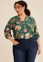 Plus Atwood Floral 3/4 Sleeve Popover Blouse