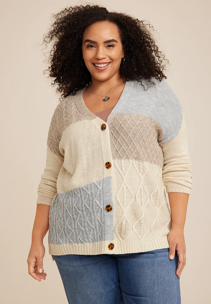 Plus Size Patchwork Cable Knit Cardigan