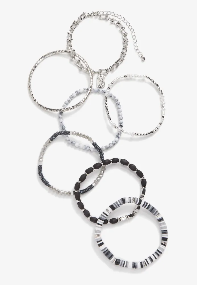 7 Piece Silver and Black Beaded Stretch Bracelet Set