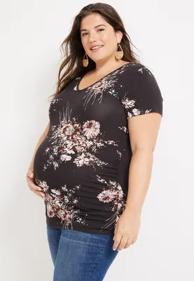 Plus Floral V Neck Maternity Tee