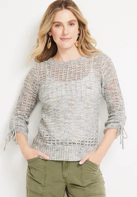 Marled Pointelle Cinched Sleeve Sweater