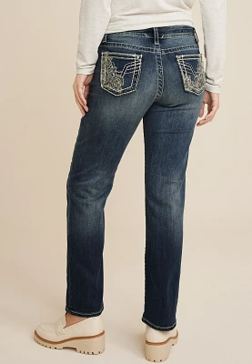 Vigoss® Heritage Floral Embroidered Pocket Mid Rise Straight Jean