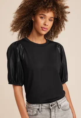 Mix Media Faux Leather Puff Sleeve Blouse