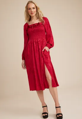 Red Floral Jacquard Midi Dress