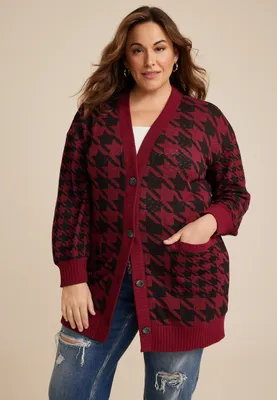 Plus Red Houndstooth Mixer Cardigan