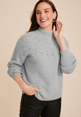 Faux Pearl Embellished Mock Neck Sweater