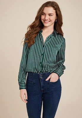 Winona Green Striped Satin Button Down Blouse