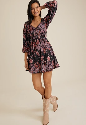 Plisse Floral Sweetheart Babydoll Mini Dress