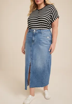 Plus Split Front Denim Maxi Skirt