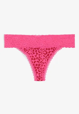 Simply Comfy Pink Cheetah Lace Trim Cotton Thong Panty