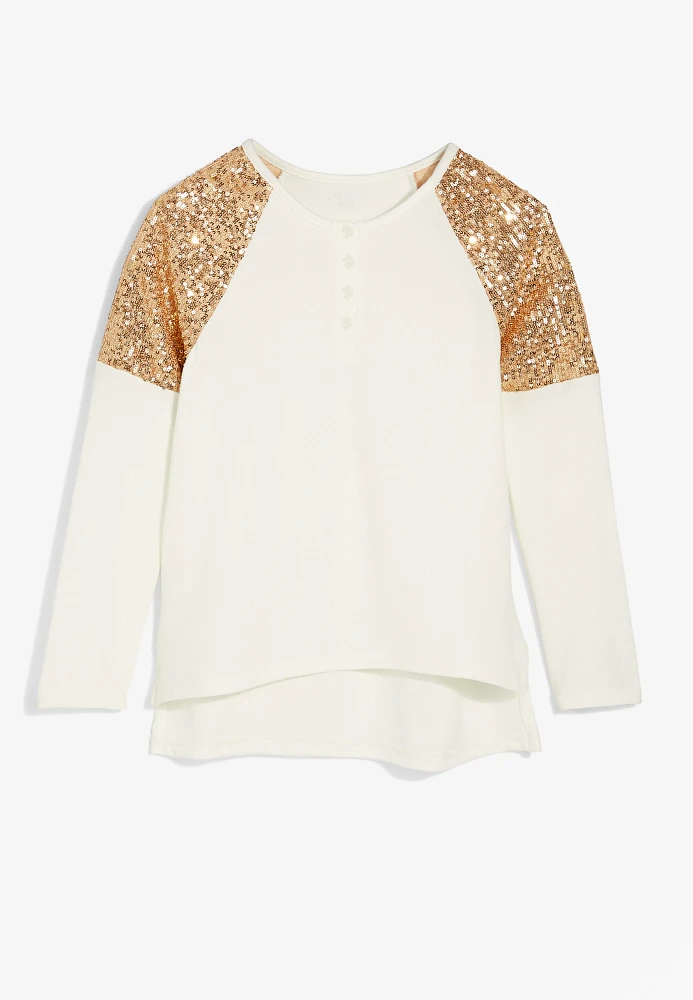 Girls Sequin Shoulder Henley Tee