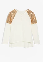 Girls Sequin Shoulder Henley Tee