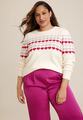 Plus Size Heart Puff Sleeve Crew Neck Sweater