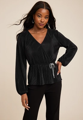 Plisse Faux Wrap Peplum Blouse