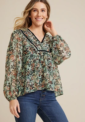 Velvet Trim Peasant Blouse