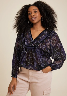 Plus Velvet Trim Peasant Blouse