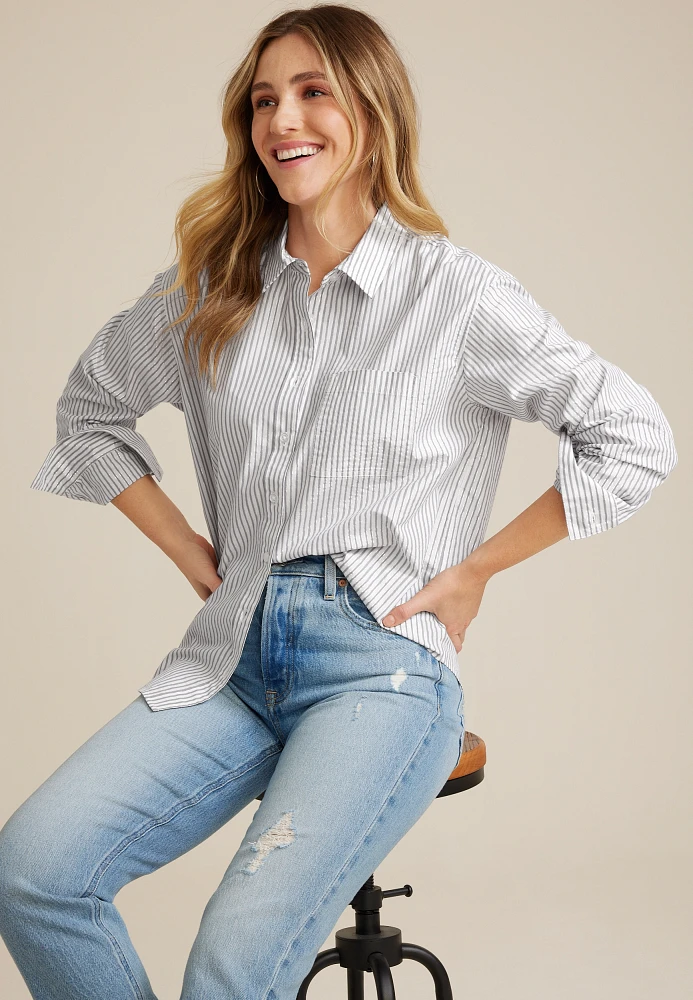 90s Prep Metallic Striped Relaxed Button Up Shirt