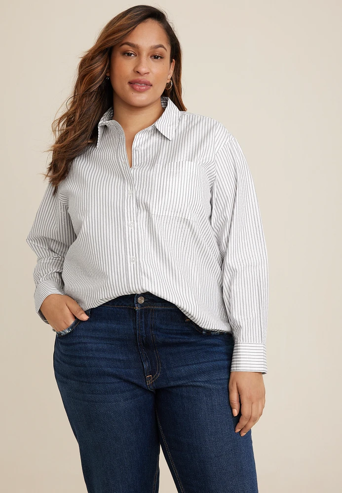 Plus 90s Prep Metallic Striped Relaxed Button Up Shirt