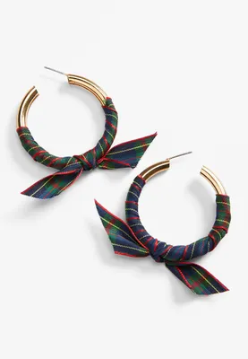 Holiday Plaid Ribbon Hoop Earrings