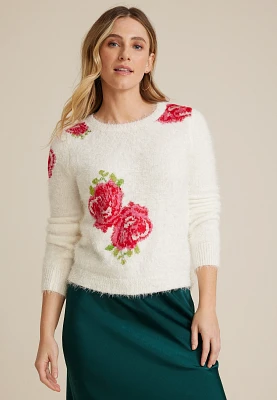 Floral Eyelash Crew Neck Sweater