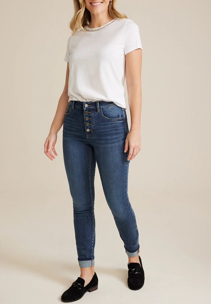 m jeans by maurices™ Everflex™ High Rise Button Fly Super Skinny Ankle Jean
