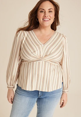 Plus Striped Twist Front Peplum Blouse