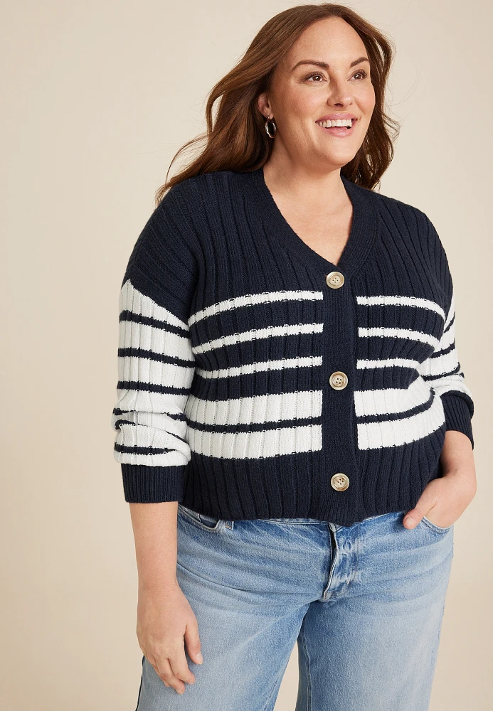 Plus Striped Ribbed Cardigan