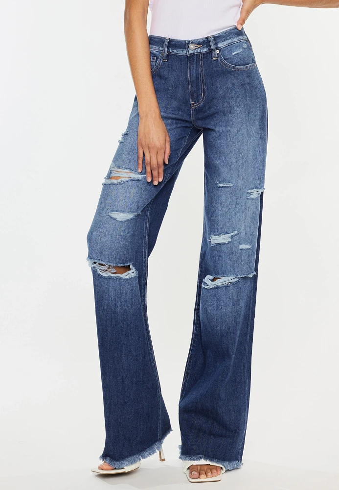 KanCan™ Dark Drape Ripped High Rise Wide Leg Jean