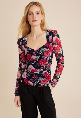 Floral Mesh Sweetheart Neck Blouse