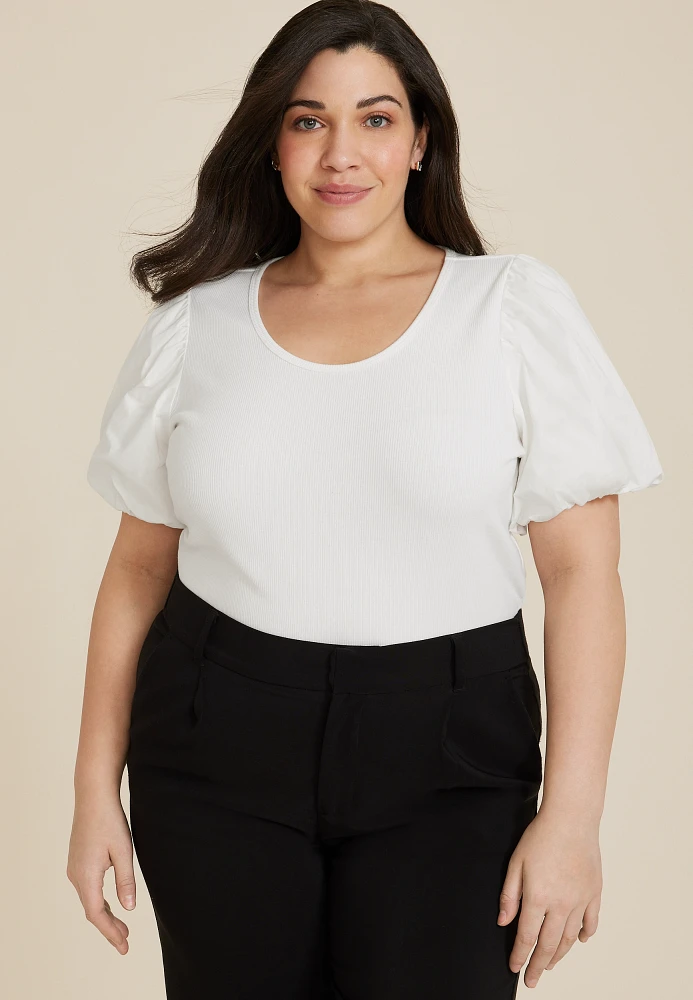 Plus Poplin Puff Sleeve Blouse