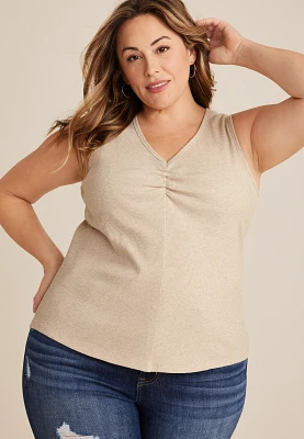 Plus Cinched Ribbed V Neck Tank Top