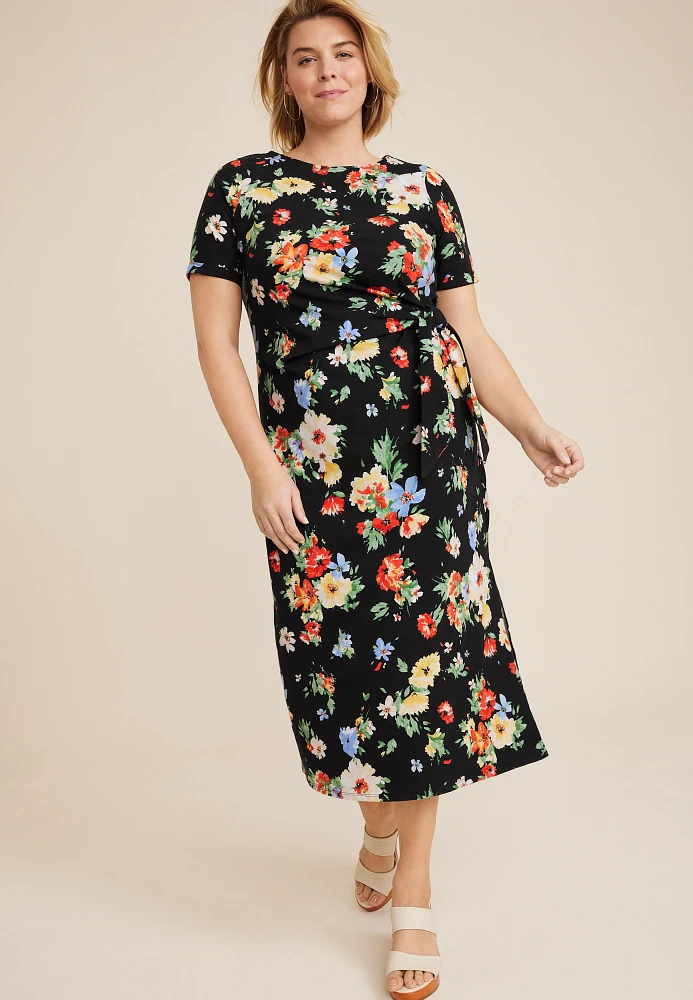 Plus Size 24/7 Floral Waist Tie Midi Dress