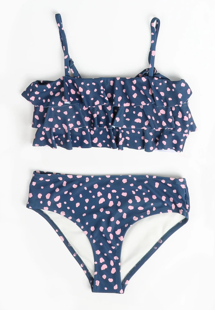 Girls Navy Dot Ruffle Bikini Swimsuit