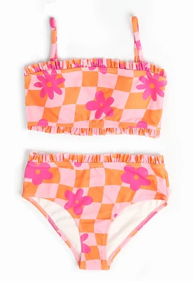 Girls Checkered Floral Bandeau Bikini Swimsuit