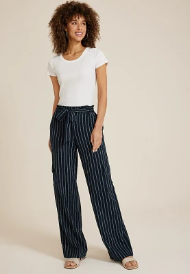 Navy Striped High Rise Wide Leg Cargo Pant