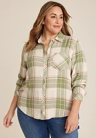 Plus Pucker Plaid Button Up Shirt