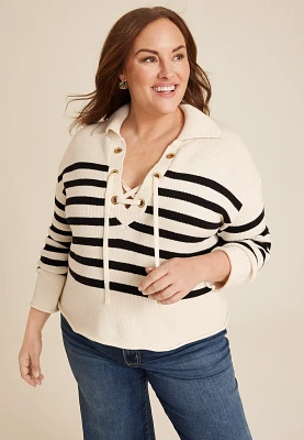 Plus Stripe Lace Up Collared Sweater