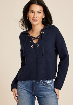 Lace Up Collared Sweater