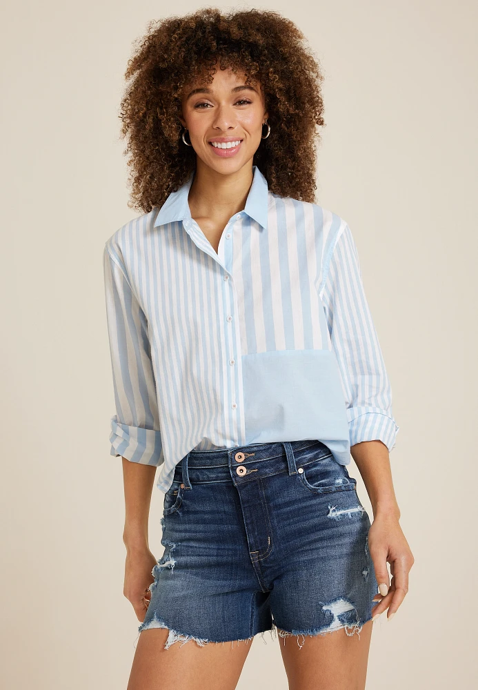 90s Prep Colorblock Cropped Button Up Shirt