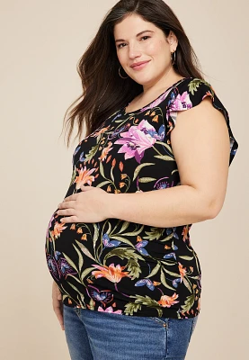 Plus Floral Flutter Sleeve Maternity Tee