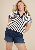 Plus Cropped Court Polo Striped Tee