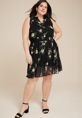 Plus Size Floral Ruffle Trim Skater Dress